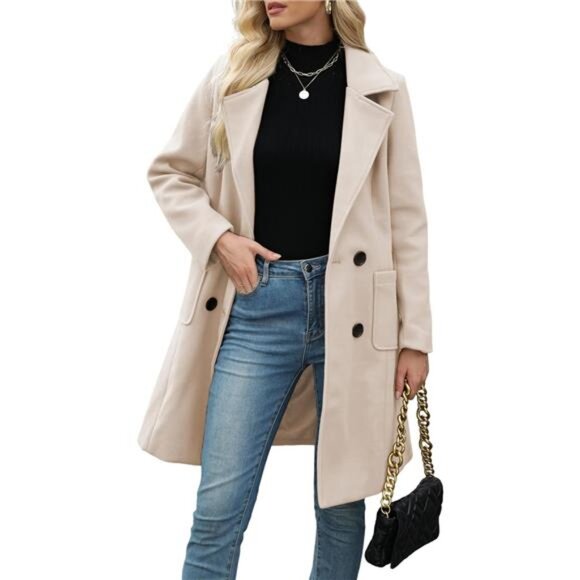 Women Winter Wool Blend Camel Mid-Long Coat Notch Double-Breasted Lapel - Picture 1 of 7